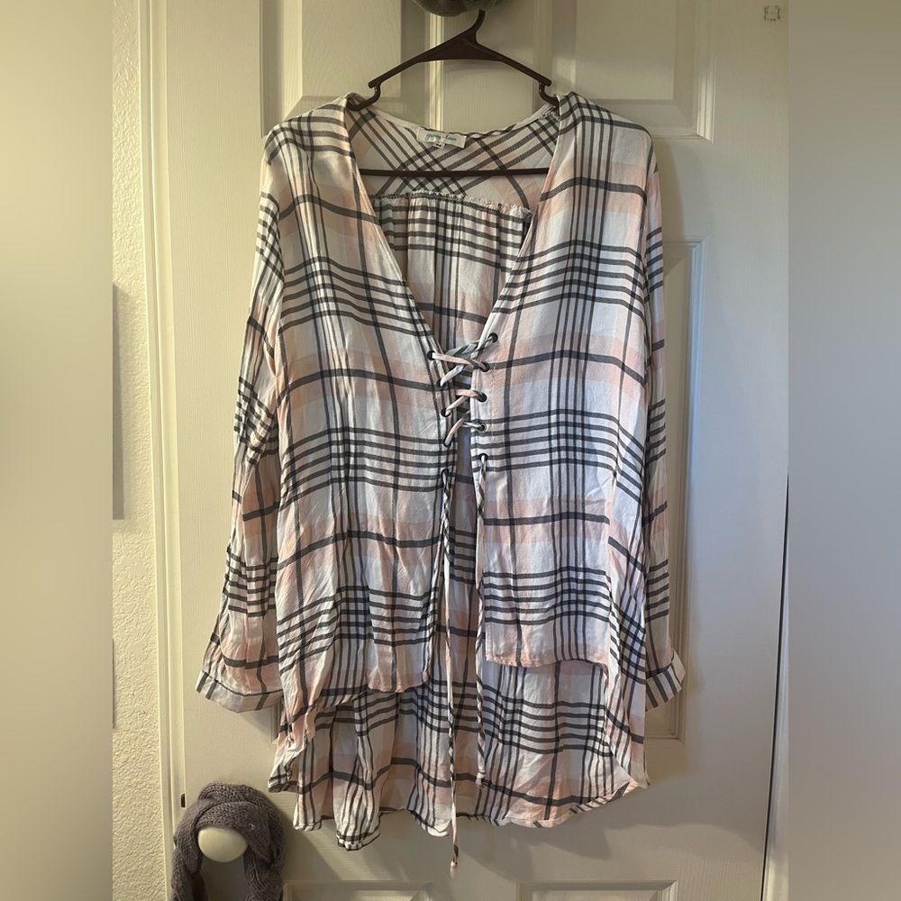 grace & lace women’s white and pink lightweight flannel shirt with front lacing